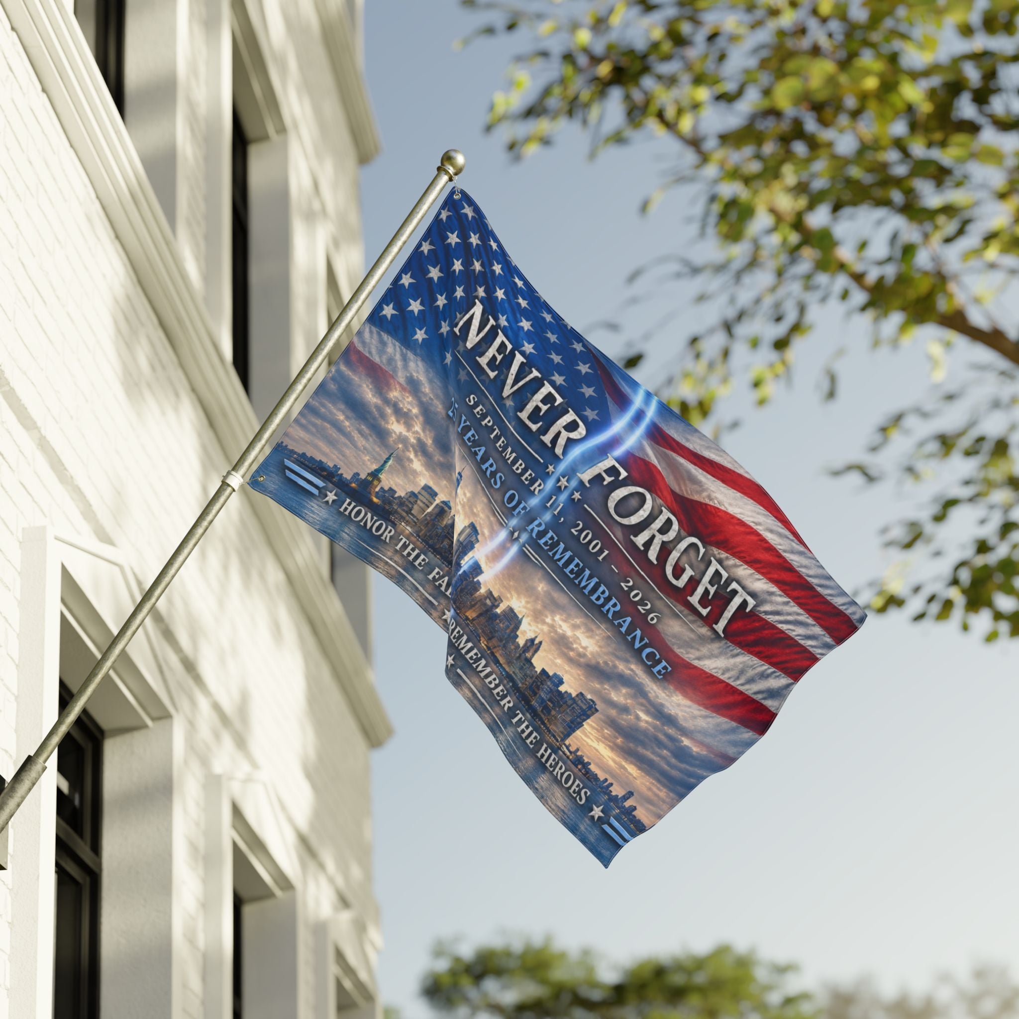 Never Forget 9/11 Memorial Double-Sided Flag — 25 Years Remembrance