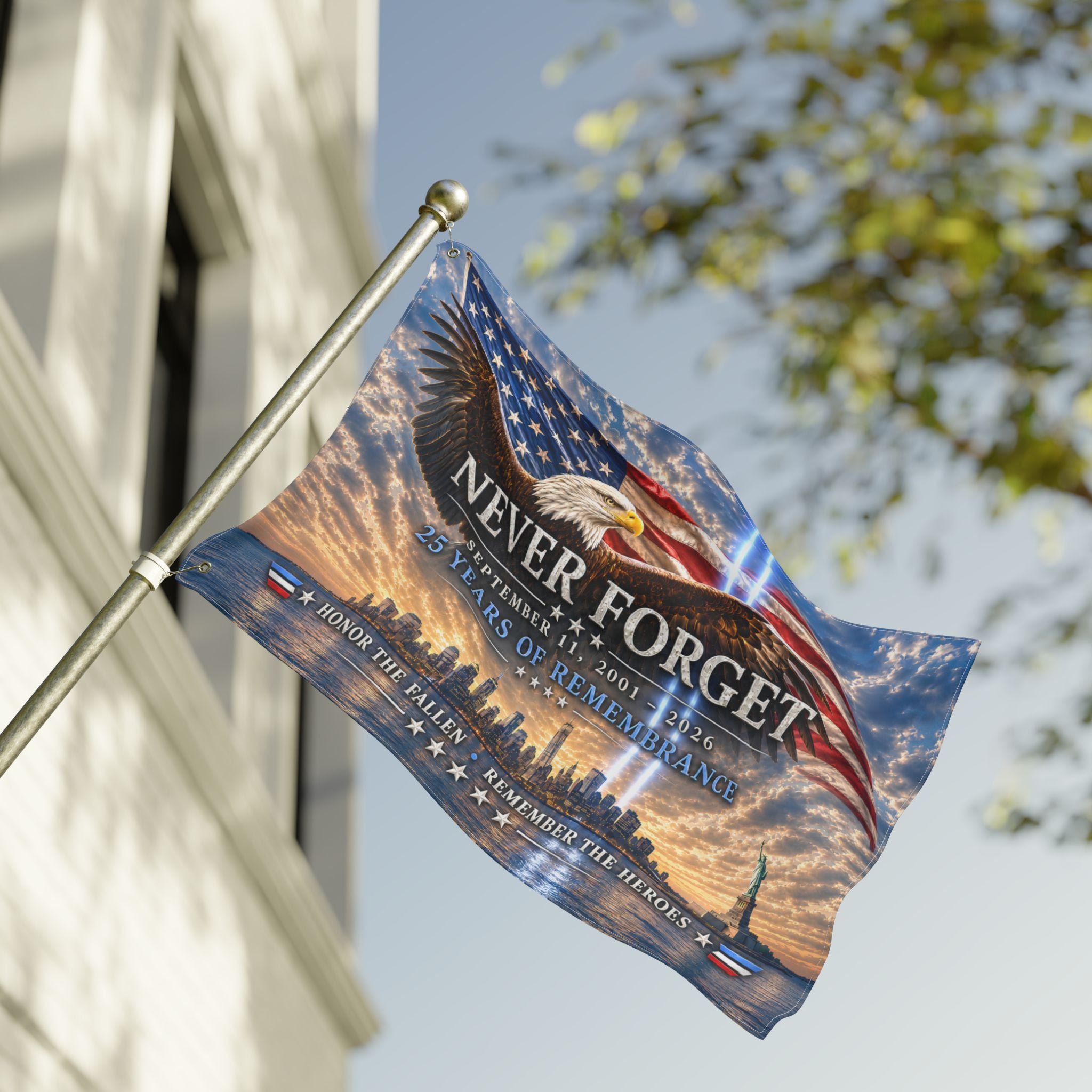 Never Forget 9/11 Memorial Flag — Double-Sided Tribute Garden & Outdoor Flag