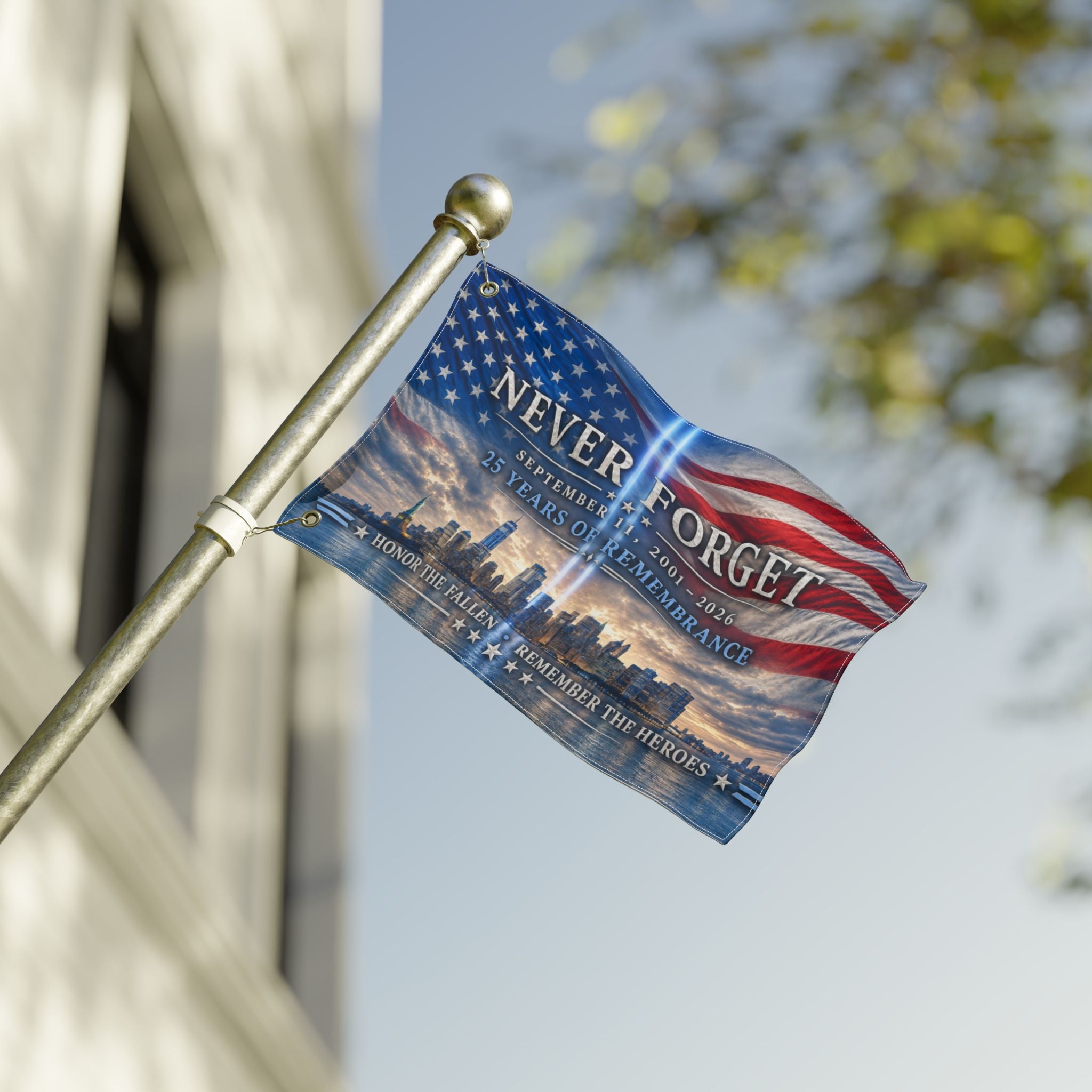 Never Forget 9/11 Memorial Double-Sided Flag — 25 Years Remembrance
