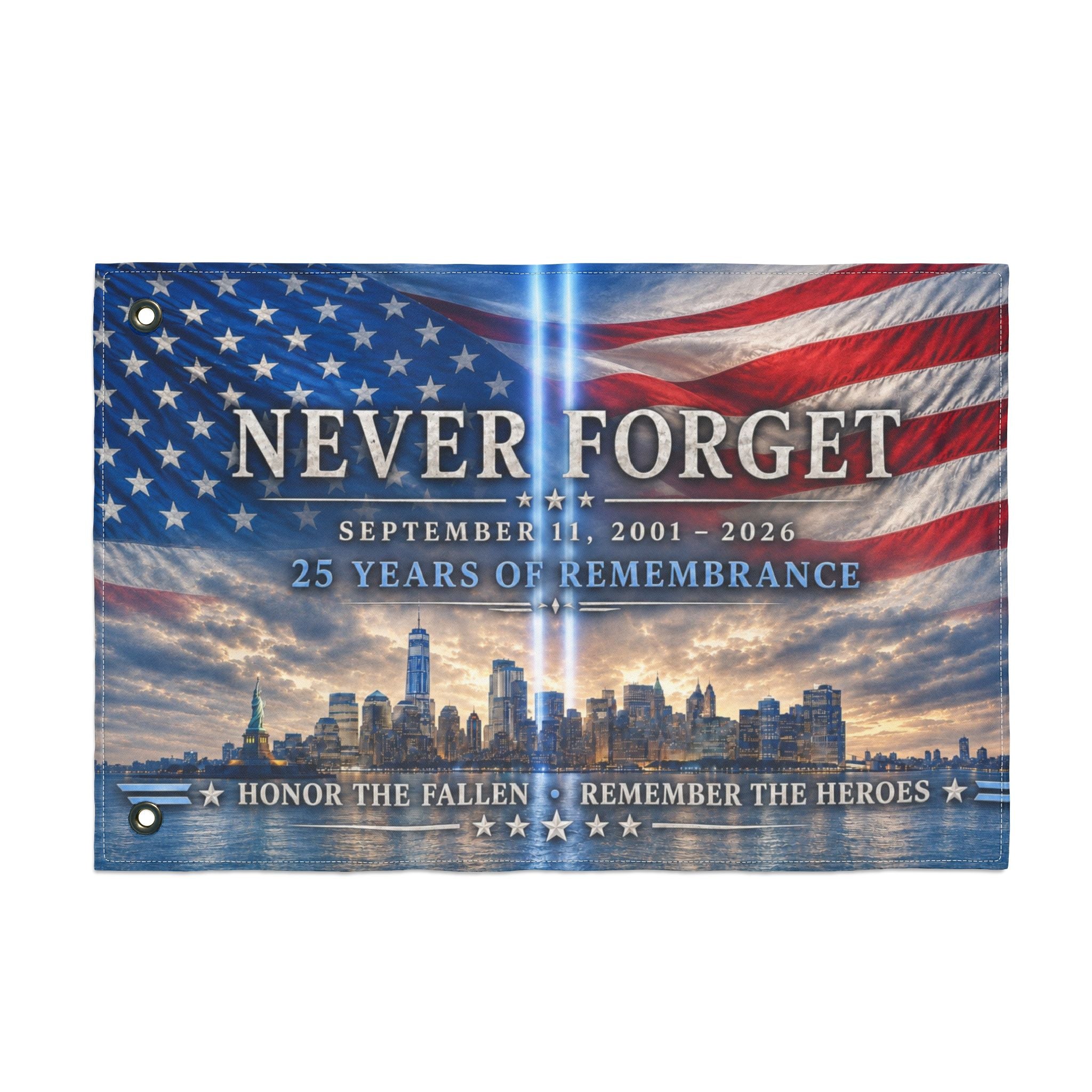 Never Forget 9/11 Memorial Double-Sided Flag — 25 Years Remembrance