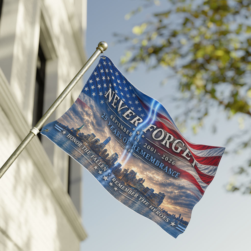 Never Forget 9/11 Memorial Double-Sided Flag — 25 Years Remembrance