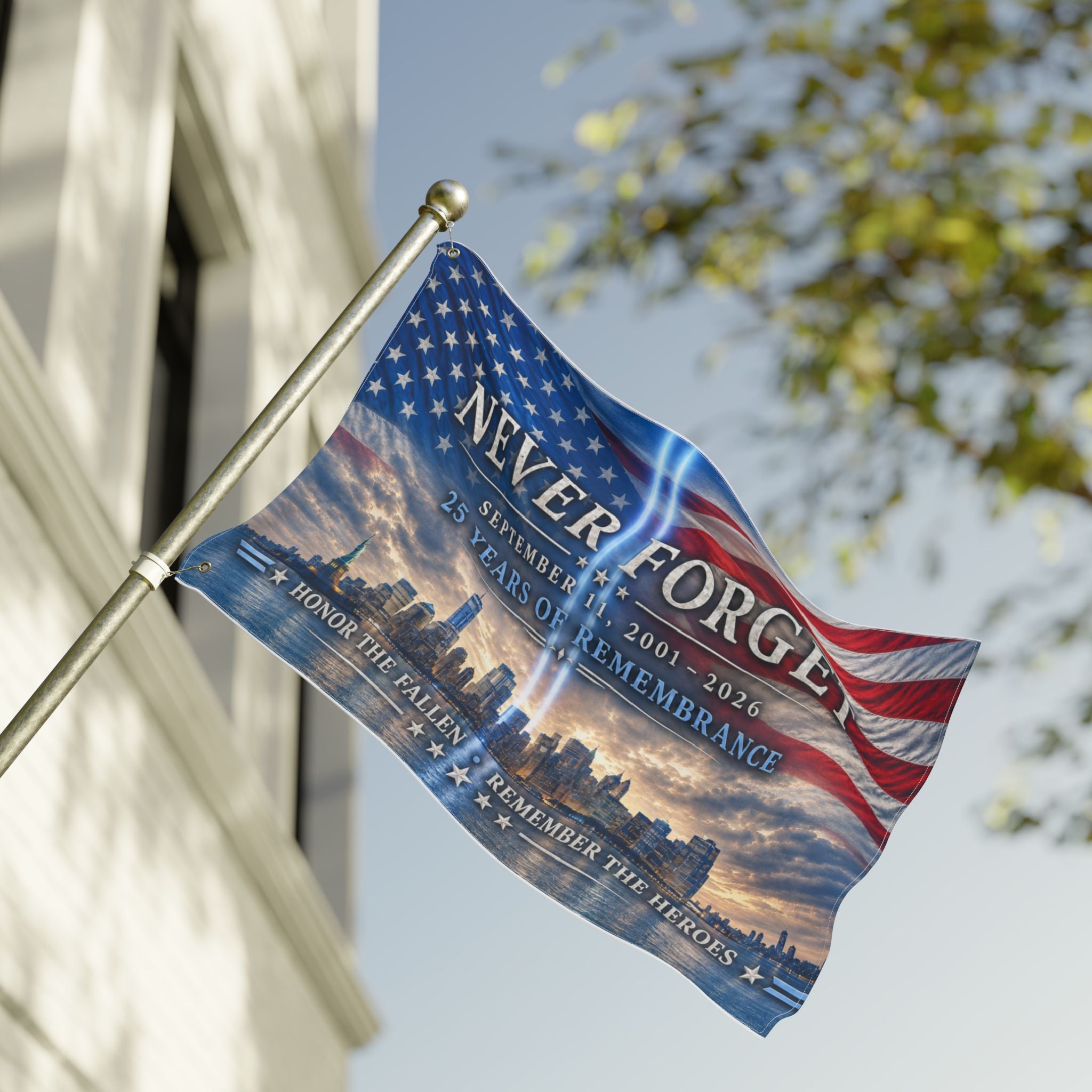 Never Forget 9/11 Memorial Double-Sided Flag — 25 Years Remembrance