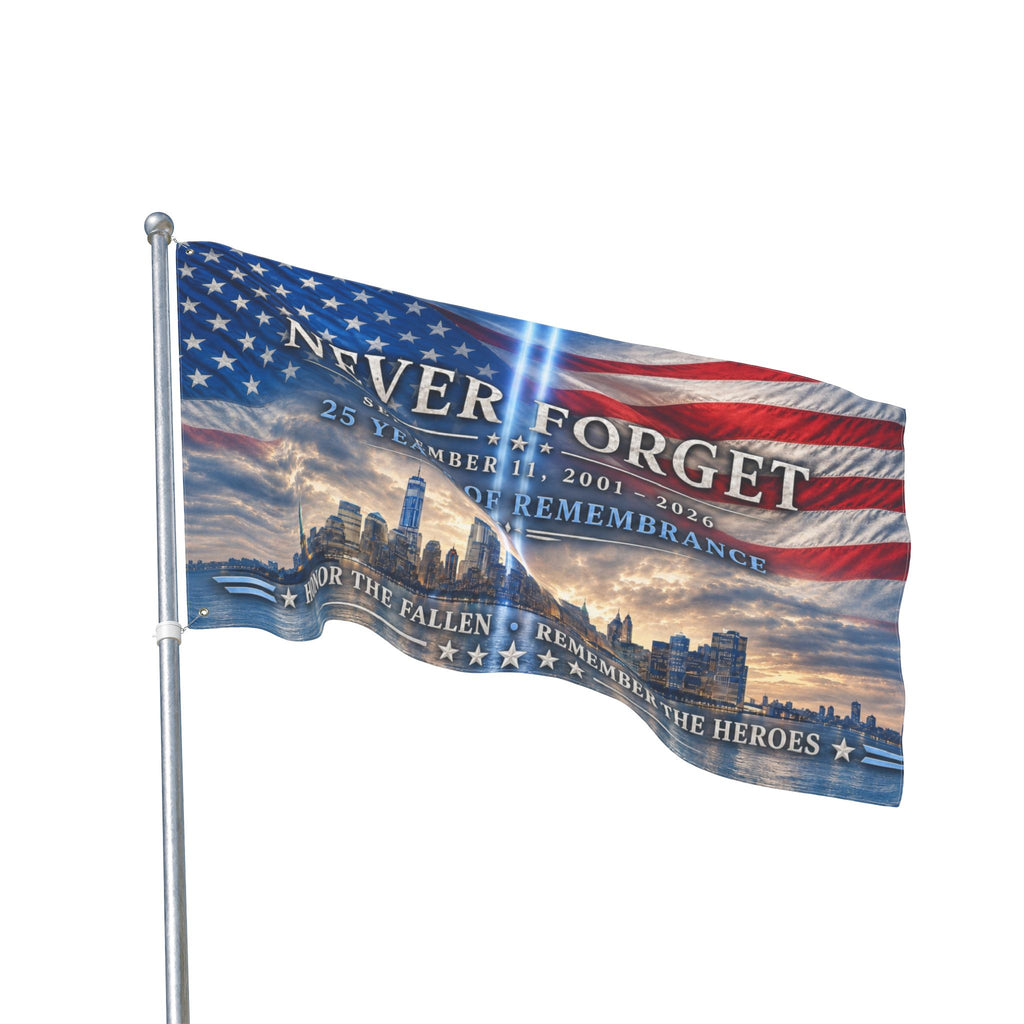 Never Forget 9/11 Memorial Double-Sided Flag — 25 Years Remembrance