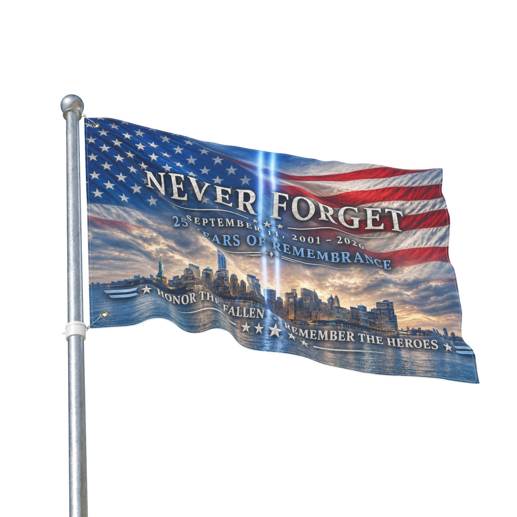 Never Forget 9/11 Memorial Double-Sided Flag — 25 Years Remembrance