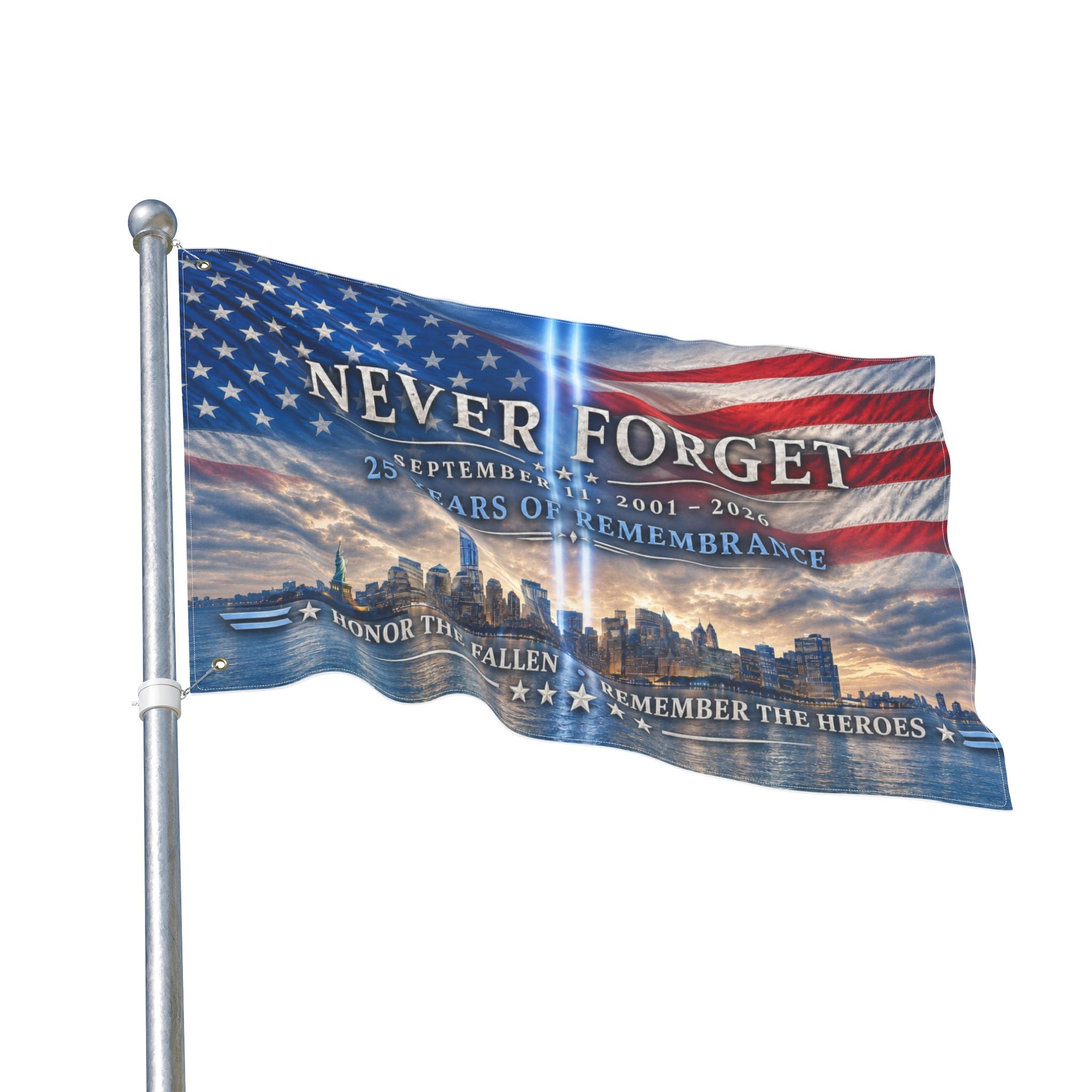 Never Forget 9/11 Memorial Double-Sided Flag — 25 Years Remembrance
