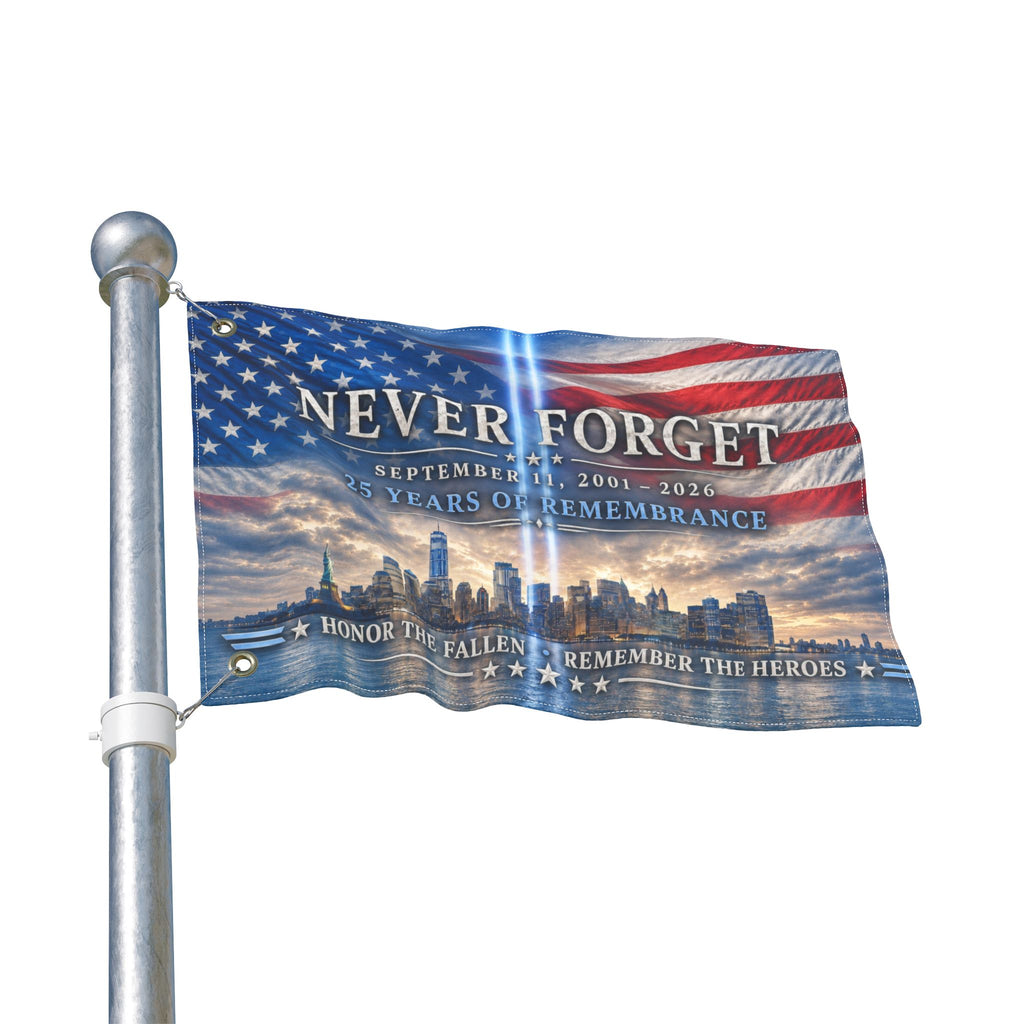 Never Forget 9/11 Memorial Double-Sided Flag — 25 Years Remembrance