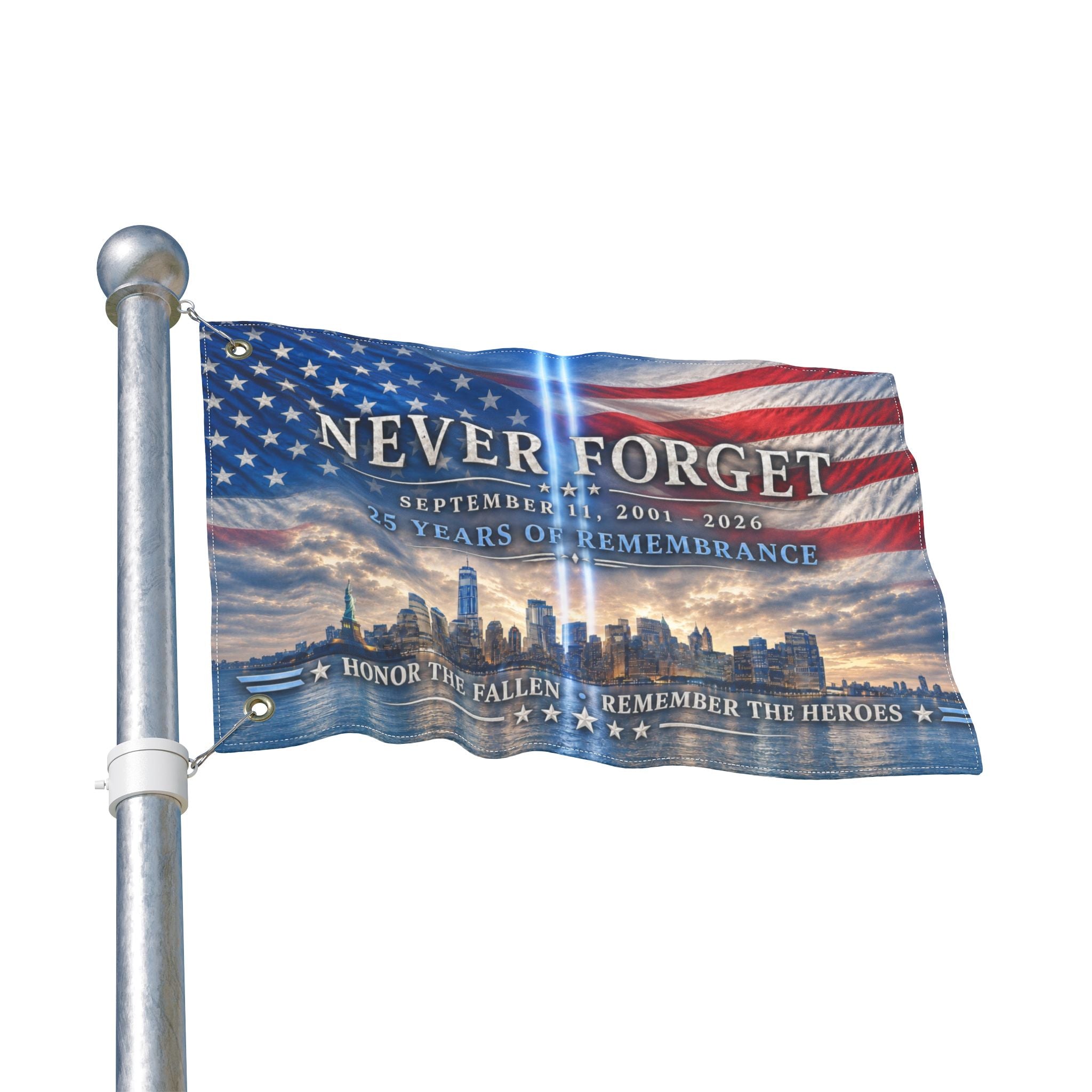 Never Forget 9/11 Memorial Double-Sided Flag — 25 Years Remembrance