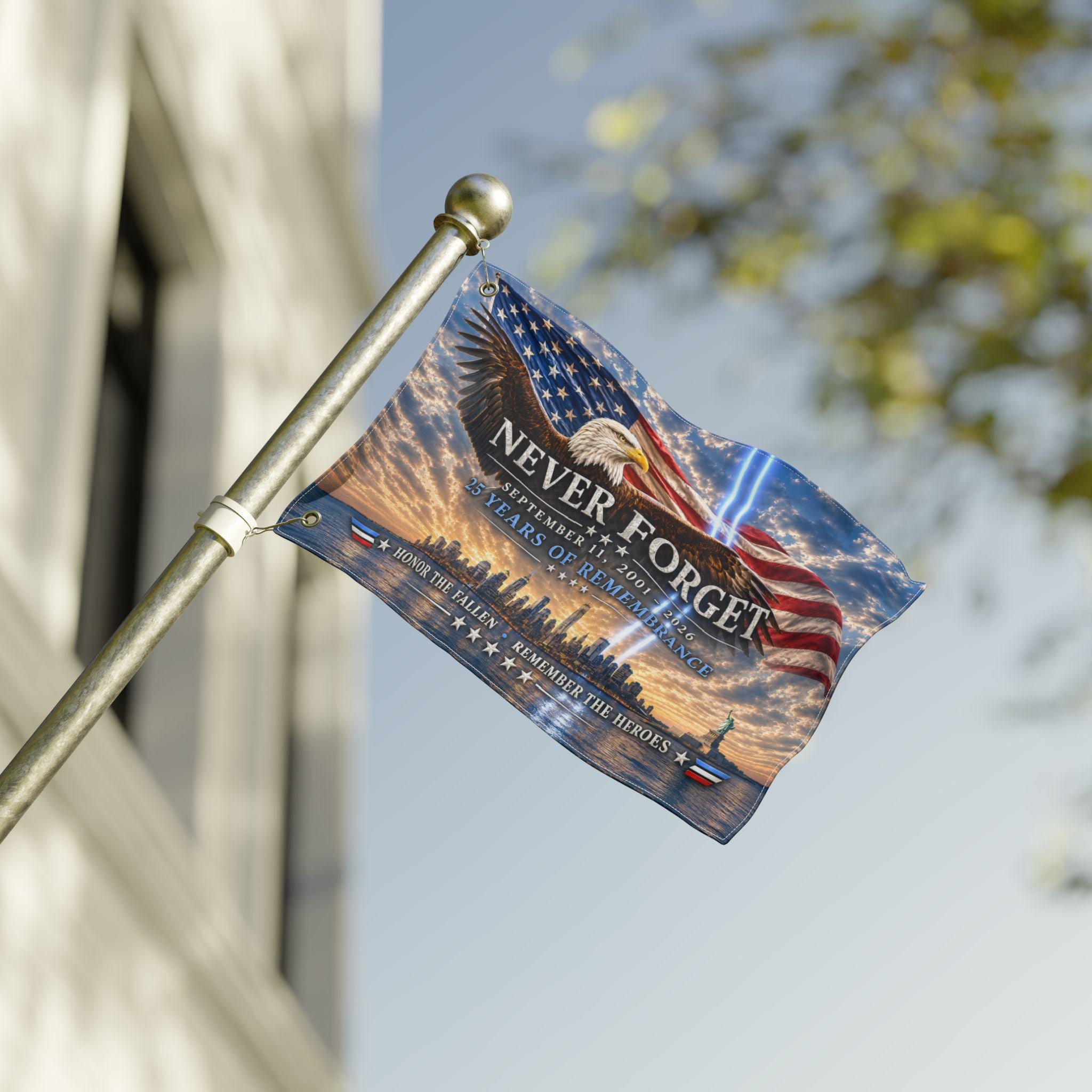Never Forget 9/11 Memorial Flag — Double-Sided Tribute Garden & Outdoor Flag